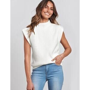 Caracilia White Knit Sleeveless Sweater, Layering Vest, Ribbed Mock Neck Top XL